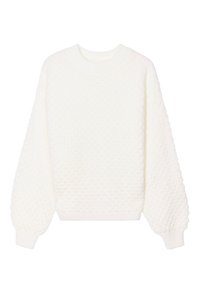 Pull en tricot blanc avec un motif texturé, encolure ronde et manches longues bouffantes. Les poignets et l'ourlet côtelés apportent de la structure.