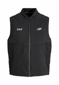 Czarna ocieplana kamizelka z wysokim kołnierzem, przednim zamkiem błyskawicznym, dwiema bocznymi kieszeniami oraz haftowanym logo "CNZ". Posiada fakturowane boczne panele.