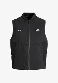 Chaleco aislante negro con cuello alto, cremallera frontal, dos bolsillos laterales y logo bordado "CNZ". Presenta paneles laterales texturizados.