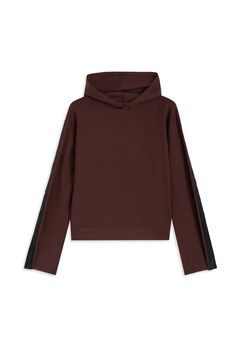 Sudadera corta color granate con bolsillo tipo canguro y paneles laterales negros con texto. Material de algodón suave, ajuste holgado, mangas largas.