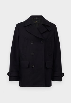 Navy wool peacoat featuring a double-breasted front, large collar, two side pockets, and buttoned cuffs with a smooth texture.