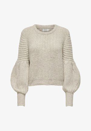 Maglione grigio chiaro a maglia grossa con scollo rotondo e maniche ballon testurizzate. Orlo e polsini a coste, aspetto morbido simile alla lana.