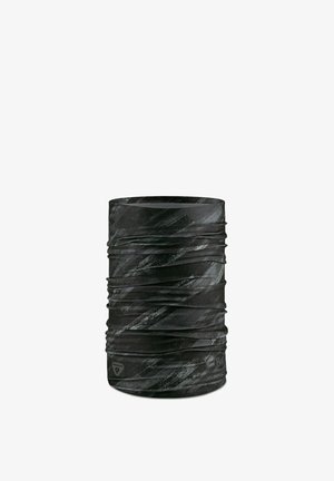 Accesorio tubular negro con una superficie texturada y con patrones que presentan líneas oscuras en espiral, fabricado con un material elástico y ligero.