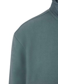 Vaaleansininen fleece-pusero, jossa on korkea kaulus, teksturoitu pinta ja ei näkyviä kiinnittimiä tai koristeluja. Pehmeä ja lämmin ulkonäkö.