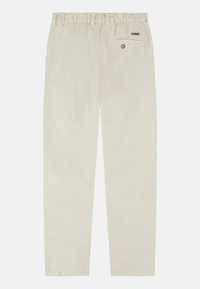 Beige bavlněné kalhoty s nařaseným elastickým pasem, rovného střihu a zadní kapsou s knoflíkem a logem značky.