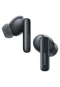 Wireless earbuds with a matte black finish, featuring ergonomic shapes, silicone ear tips, and a smooth surface with "HUAWEI" branding.