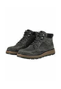 Stivaletti alla caviglia in suede grigio con dettagli in pelle nera, design con lacci, cuciture bianche e suola in gomma testurizzata per una migliore aderenza.