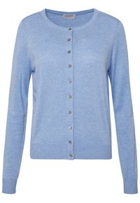 Hellblaues, langärmliges Button-Up-Cardigan mit rundem Ausschnitt und gerippten Bündchen und Saum.