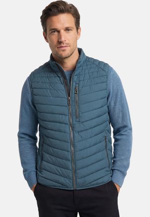 Mężczyzna o jasnobrązowych włosach, ubrany w niebieską pikowaną kamizelkę na niebieskim swetrze, stojący z rękami w kieszeniach na jednolitym tle.