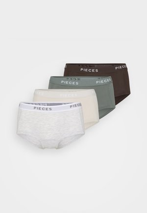 Conjunto de quatro pares de cuecas femininas em cinza, bege, verde e castanho, com cinturas elásticas rotuladas "PIECES." Material macio de algodão.