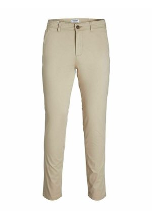 Pantaloni beige da uomo, taglio slim, con passanti per cintura, chiusura con bottone e tasche frontali, mostrati su uno sfondo bianco.