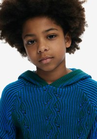 Hanorac tricotat în nuanțe de albastru și verde, cu un model texturat în valuri. Include o glugă și un guler ribbot. Finisaj neted, design casual.