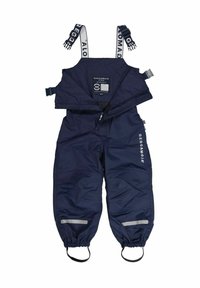Navyblå vattentät overall med justerbara remmar, frontdragkedja, elastiska manschetter, reflexdetaljer och förstärkta knäpartier.