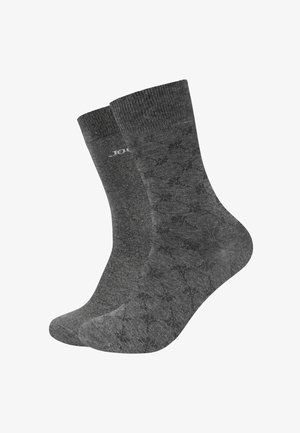 Dunkelgraue Socken mit einem strukturierten Muster, verstärktem Fersen- und Zehenbereich sowie einem gerippten Bund. Das Markenlogo ist dezent nahe dem oberen Rand eingewoben.