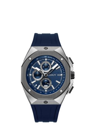 Herrlicher Chronograph mit blau strukturiertem Zifferblatt, silbernen Indizes, drei Totalisatoren, Datumsanzeige, silberner achteckiger Lünette und blauem Armband.