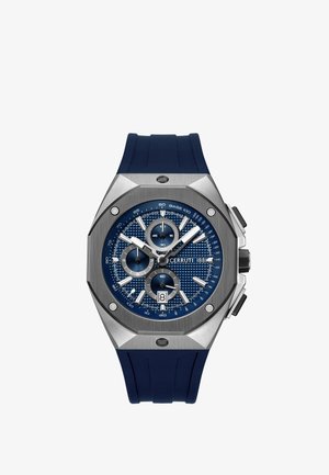 Herrlicher Chronograph mit blau strukturiertem Zifferblatt, silbernen Indizes, drei Totalisatoren, Datumsanzeige, silberner achteckiger Lünette und blauem Armband.