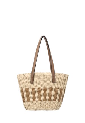 Woven straw tote bag with vertical brown stripes and two brown leather shoulder straps, rectangular base, and open top.