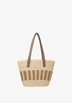 Fonott szalmatáska függőleges barna csíkokkal és két barna bőr vállpánttal, téglalap alakú aljjal és nyitott tetejű.