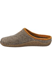 Filcowy klomp o brązowym zewnętrzu i pomarańczowym wnętrzu. Posiada naturalną korkową podeszwę i okrągły kształt palców.