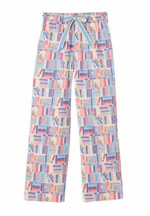Hellfarbene Pyjamahosen mit einem bunten Muster aus gestapelten Büchern und kleinen Tieren, mit einem blauen Kordelzug in der Taille.