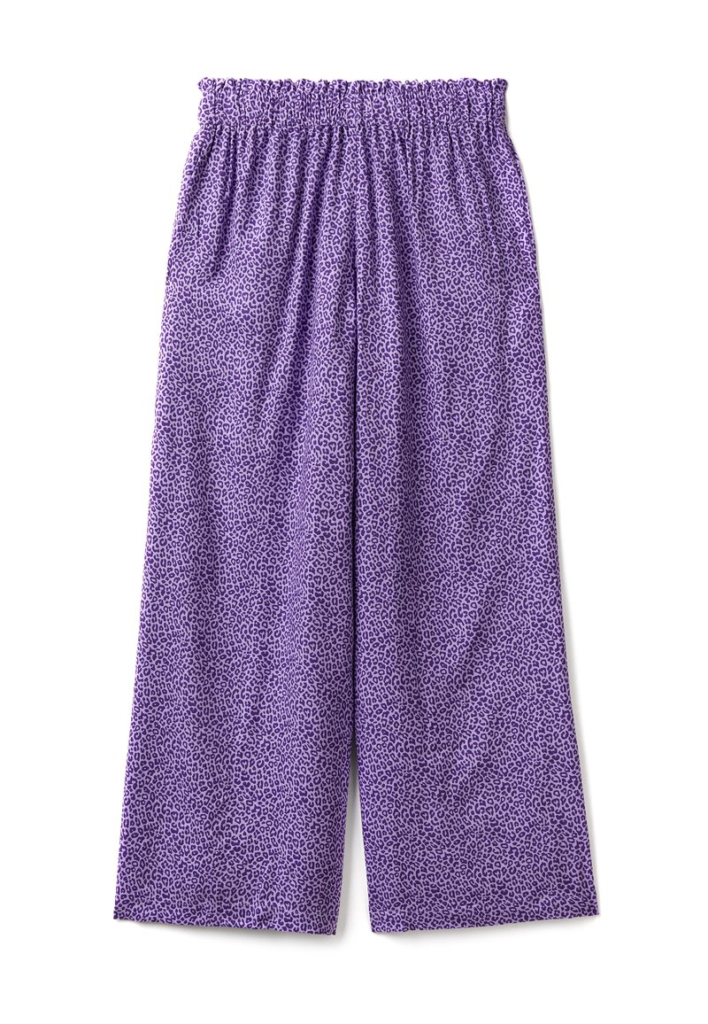 Pantalons larges violets avec une taille élastique, ornés d'un motif léopard texturé sur l'ensemble. Tissu léger.