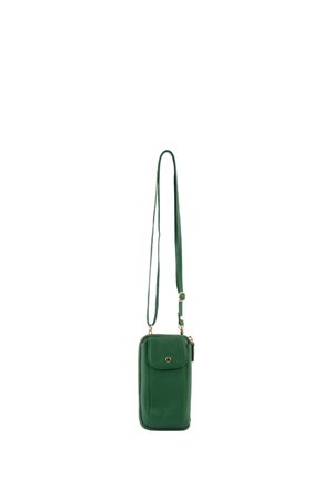 Sac bandoulière en cuir vert avec bandoulière réglable, poche avant à pression et compartiment principal zippé.