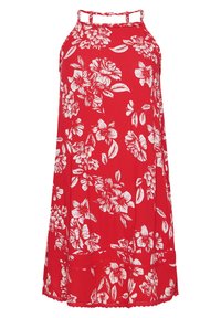 Röd blommig klänning med vita blommönster, halsringning med halterneck och öppen rygg. Mjuk tyg med lös passform och scallopad fåll.