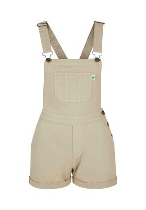 Smėlio spalvos medvilniniai trumpi kombinezonai su reguliuojamomis petnešėlėmis, priekiu kišene, šoniniais mygtukais ir susuktais apvadais.