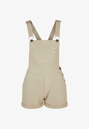 Peto corto de algodón beige con tirantes regulables, bolsillo delantero, botones laterales y bajos remangados.