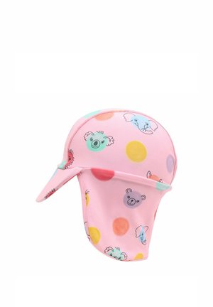 Rosa Sonnenhut für Kinder mit Nackenschutz, verziert mit bunten Punkten und cartoonartigen Tiergesichtern, darunter Koalas, Bären und Elefanten.