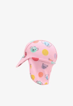 Rosa Sonnenhut für Kinder mit Nackenschutz, verziert mit bunten Punkten und cartoonartigen Tiergesichtern, darunter Koalas, Bären und Elefanten.