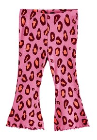 Leggings acampanados rosas hechos de tela acanalada con un estampado de leopardo en tonos marrón y naranja con un dobladillo con volantes.