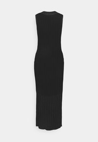 Robe midi noire sans manches en maille côtelée avec une taille ajustée et un ourlet plissé texturé, vue de dos sur un fond uni.