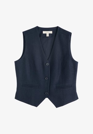 Tengerészkék gyapjú mellény V nyakkivágással, öt elülső gombbal és két oldalsó zsebbel. Kiválóan szabott varrásokkal és sima textúrával rendelkezik.