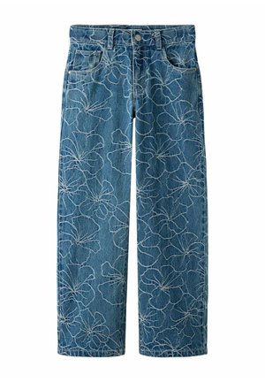 Blå denimjeans med vide ben og hvit blomsterbroderi over hele, med frontlommer, beltehemper og knappelukking.