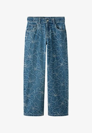 Niebieskie dżinsy z szerokimi nogawkami i białą, kwiatową haftowaną aplikacją na całej powierzchni, wyposażone w przednie kieszenie, szlufki na pasek oraz zapięcie na guzik.