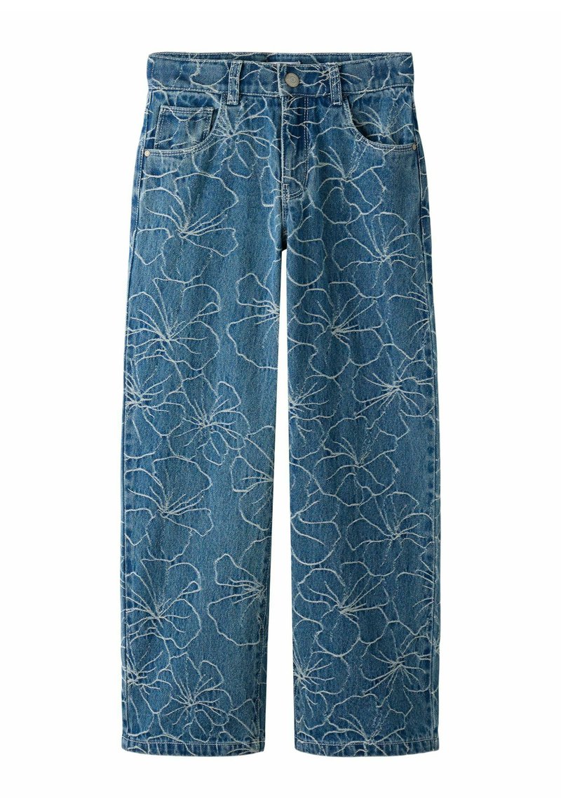 Modre kavbojke iz jeansa s širokimi hlačnicami in belim cvetličnim vezenjem po vsej površini, z sprednjimi žepi, zankami za pas in zapenjanjem na gumb.