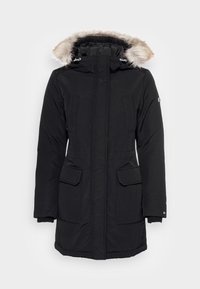 Svart parka med en huva fodrad med päls, som har två framfickor, dragkedja och ribbade ärmar. Slät tyg med en matt yta.