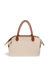 Sac de week-end en tissu beige avec des poignées et des finitions en cuir marron, doté de boucles sur les côtés et d'une fermeture éclair.