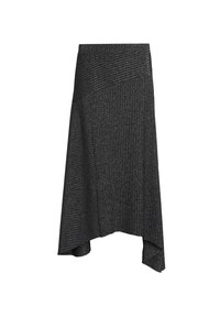 Jupe midi asymétrique en tricot côtelé gris foncé avec des textures verticales et diagonales variées et une ceinture élastique.