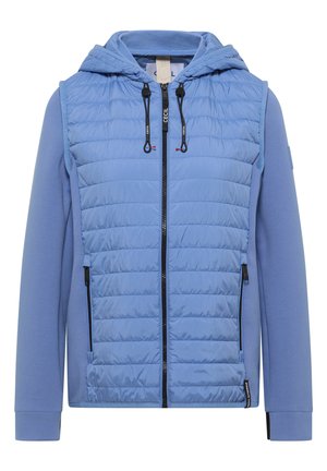 Veste à capuche bleu clair avec devant matelassé, fermeture éclair, cordons de serrage, manches et dos en tissu lisse.