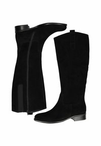 Stivali neri in suede al ginocchio con tacco basso a blocco e chiusura con zip laterale, mostrati da vista laterale e frontale.