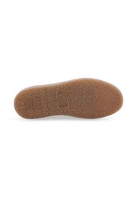 Semelle en caoutchouc marron avec surface texturée et à motifs. Présente un logo rectangulaire imprimé près du centre. Bords lisses.