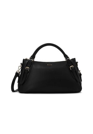 Czarna skórzana torebka o strukturalnym kształcie, z podwójnymi uchwytami i regulowanym paskiem na ramię. Posiada złote akcenty hardware oraz teksturowane wykończenie.