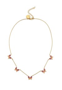 Collar de cadena de oro que presenta cinco colgantes en forma de mariposa en tonos rosa y púrpura, con un detallado intrincado y cierre de langosta.