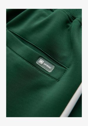 Grüne Sportshorts aus einem glatten Stoff mit einer Seitentasche mit klarer Kennzeichnung und weißen Akzentstreifen entlang der Nähte.