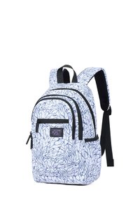 White backpack with blue abstract pattern, multiple zippered compartments, padded straps, and a top carry handle. Black accents throughout.