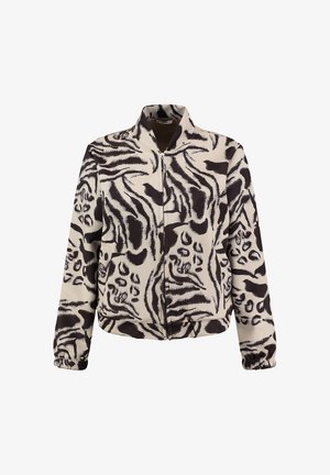 Beige jas met ritssluiting, zwarte en bruine abstracte dierenprint en elastische manchetten aan de mouwen.