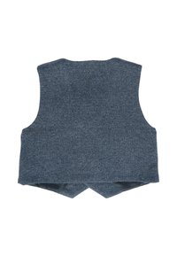 Gilet blu scuro realizzato in tessuto testurizzato. Presenta un design senza maniche con un orlo posteriore a punta. Nessun hardware o accento visibile.