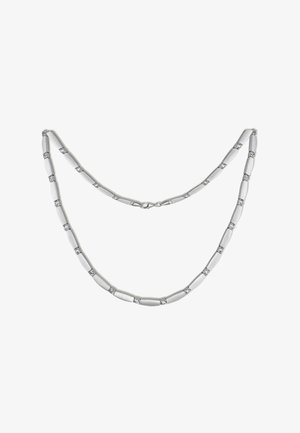 Collier en argent présentant des maillons plats et allongés entrecoupés de petites décorations rondes, mettant en valeur une finition lisse et polie.